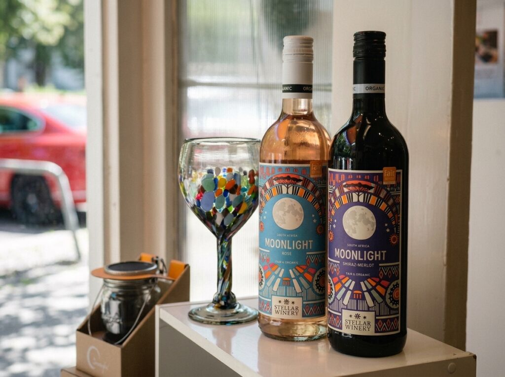 Blick ins Schaufenster mit 2 Flaschen Moonlight-Wein von Stellar Winery und einem bunten Weinglas